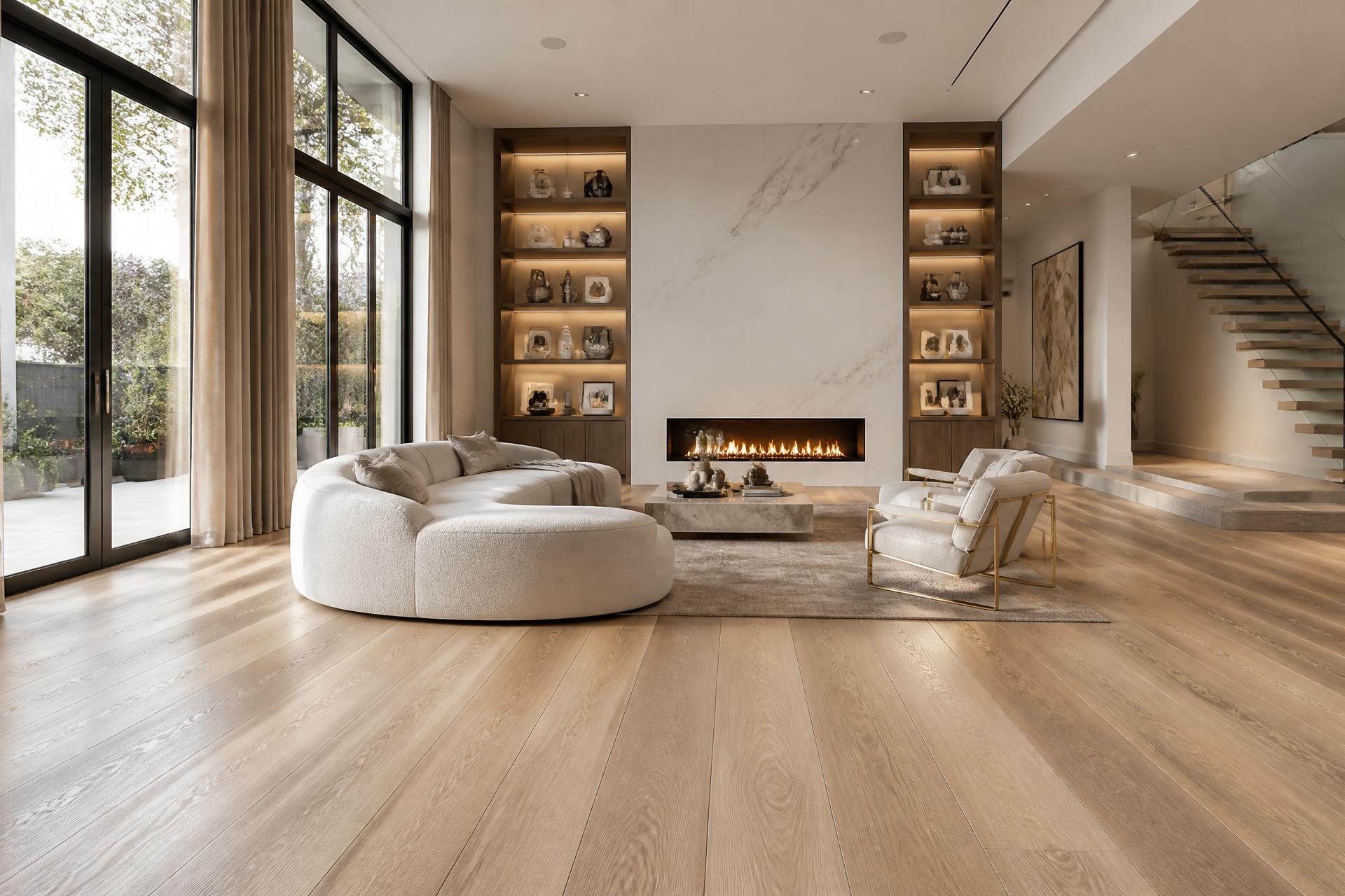 Luxury living room with wide plank flooring