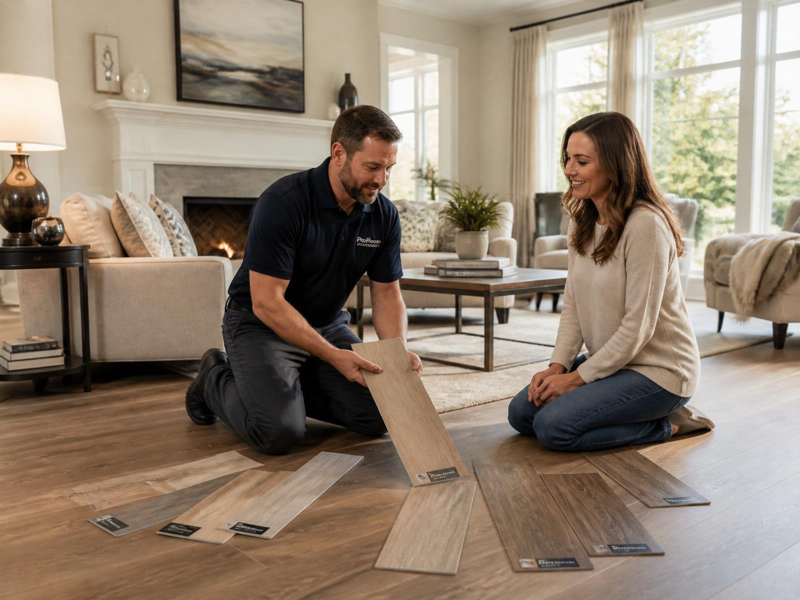 Flooring samples being shown inside a customer's home